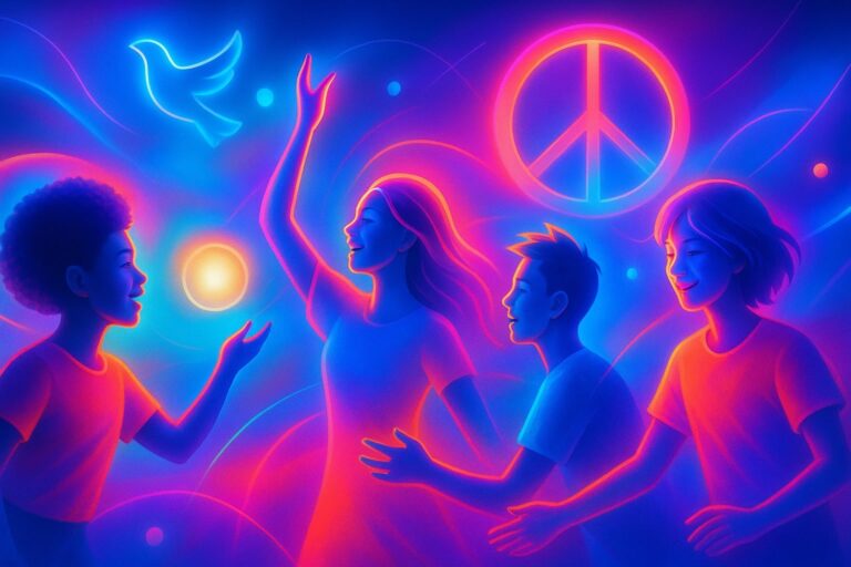 Kinder tanzen unter Friedenstaube und Peace-Symbol vor bunter Umgebung